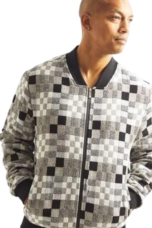 Gents Geo Square Plaid Bomber Full Cut Jacket In Black