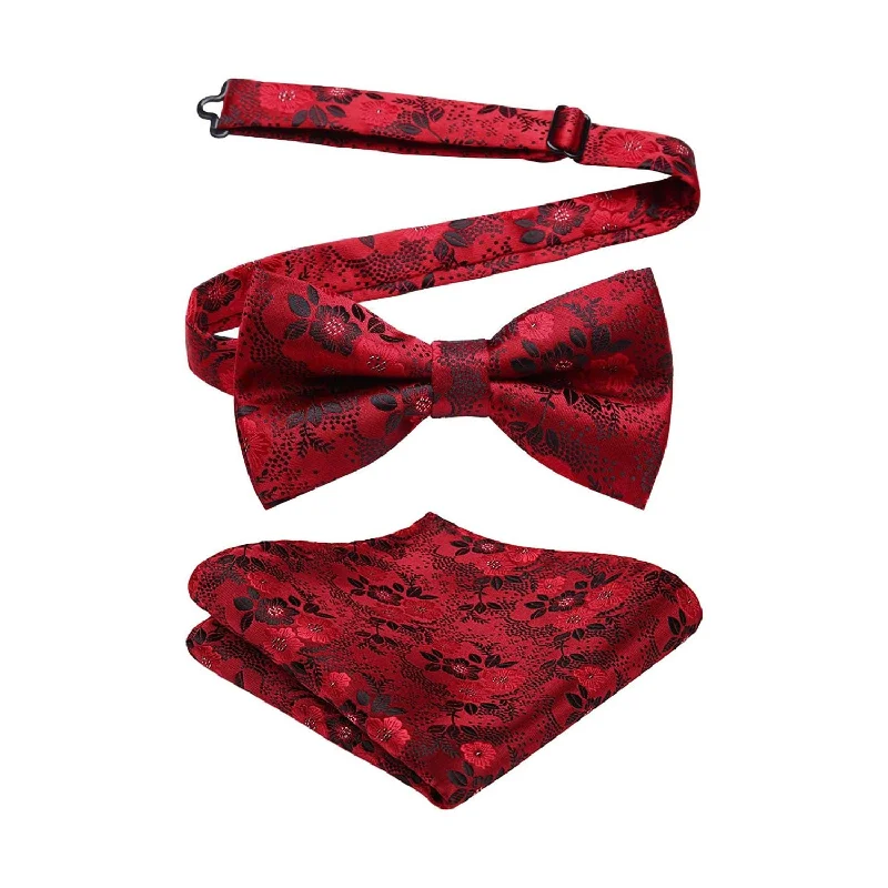 Paisley Pre-Tied Bow Tie & Pocket Square - BLACK/RED