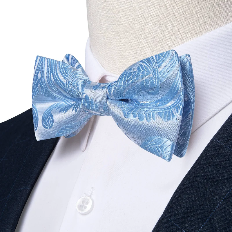 Ties2you Kids Bow Tie Baby Blue Woven Floral Silk Bow Tie Hanky Set