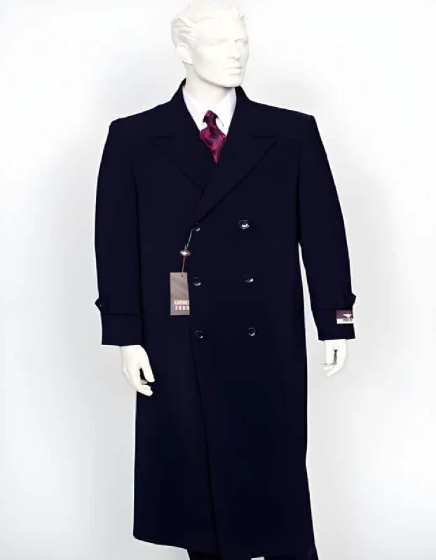 Mens Peak Lapel Full Length Navy Coat Duster Maxi Coat