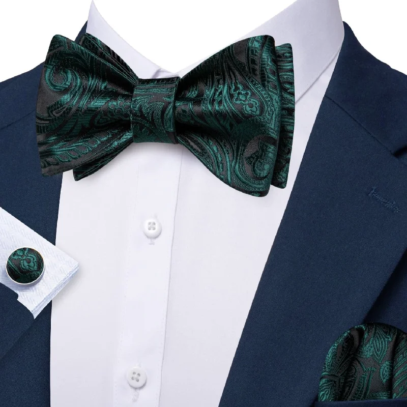 Barry Wang Black Green Bow Tie For Men Paisley Tie Hanky Cufflinks Set