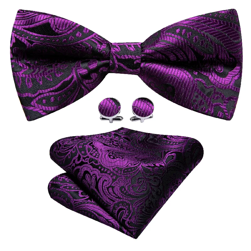 Barry Wang Black Purple Paisley Pre-tied Bow Tie Hanky Cufflinks Set