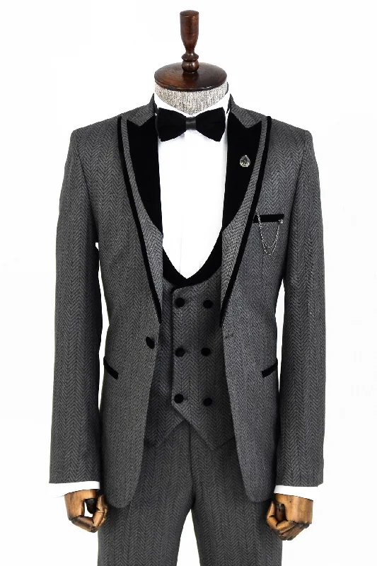 Patterned Velvet Lapel Smoked Men Tuxedo - Wessi