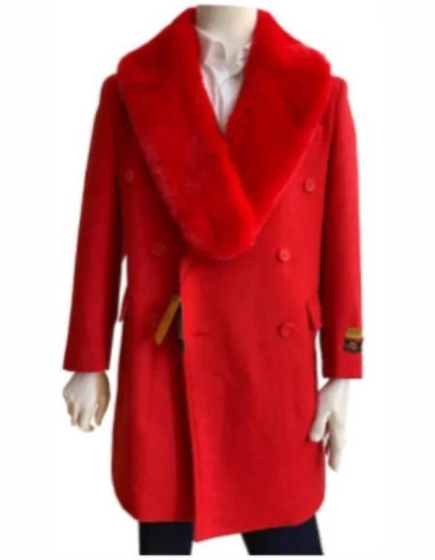 Mens Overcoat - Topcoat For Men - Winter Fabric - Red Mens Overcoat - Wool Double Breasted Peacoat With Fur Collar