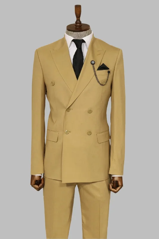 Wide Peak Collar Slim Fit Cream Men Double-Breasted Suit - Wessi