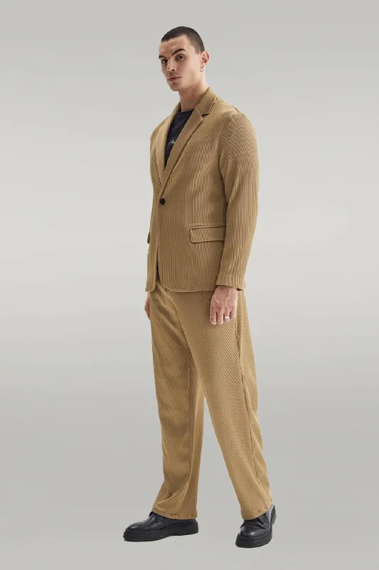 Men's Dark Beige Ribbed Textured Oversize Suit - Wessi