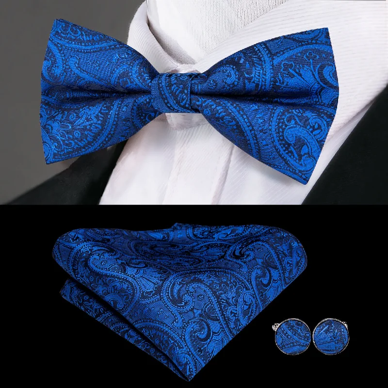 Navy Blue Paisley Pre-tied Bow Tie Hanky Cufflinks Set