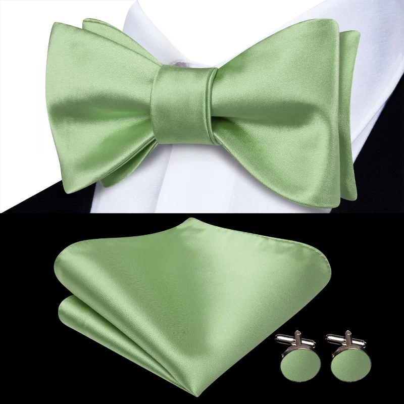 Ties2you Green Bow Tie Sage Solid Silk Mens Dress Self-tie Bowties Pocket Square Cufflinks Set