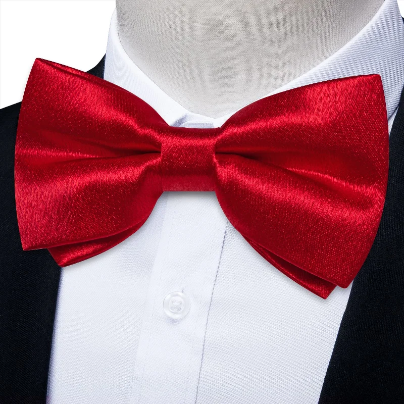 Ties2you Red Bow Tie Fashion Shining Red Silk Men's Pre-tied Bowtie Pocket Square Cufflinks set