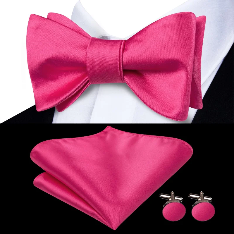 Ties2you Pink Bow Tie Magenta Solid Silk Mens Dress Self-tie Bowties Handkerchief Cufflinks Set