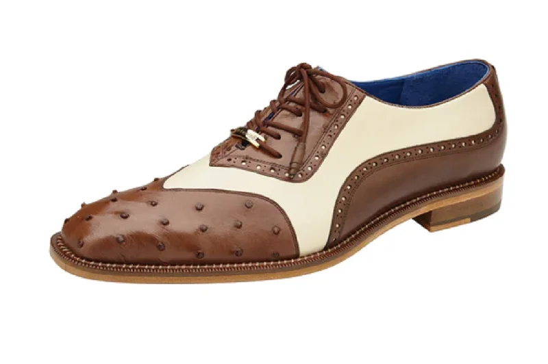 Ostrich Quill and Italian Leather Wing Tip Shoes for Men in Brown/Cream-Sesto!