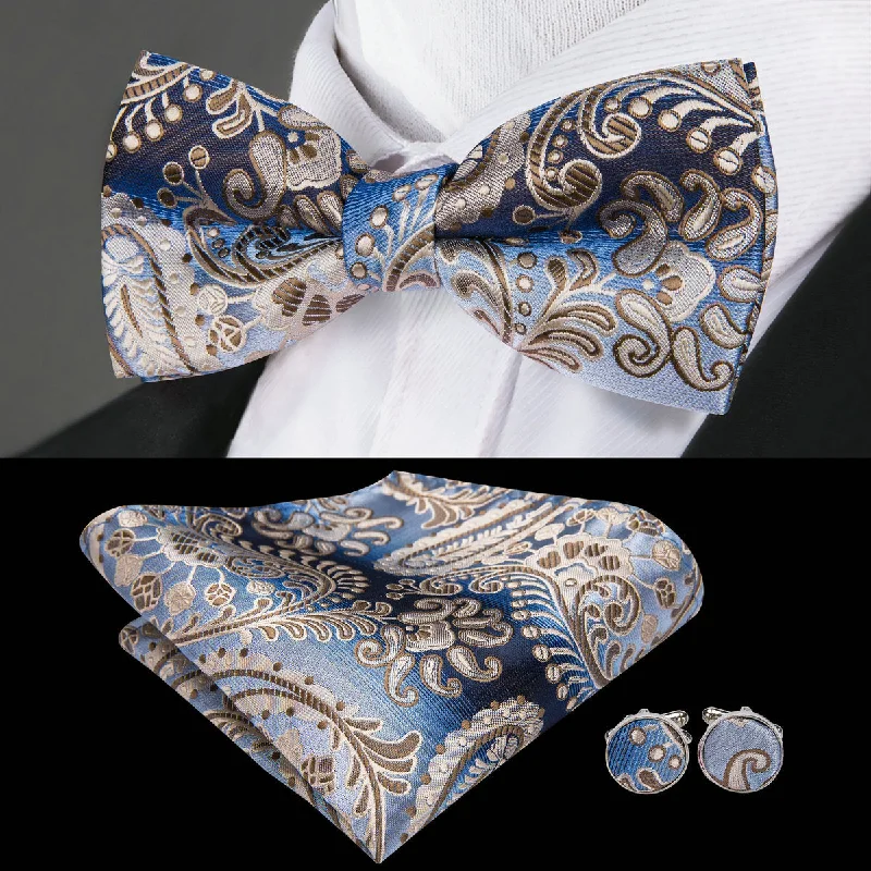 Blue Brown Paisley Pre-tied Bow Tie Hanky Cufflinks Set