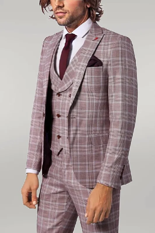 Burgundy Plaid Vested Slim Fit Italian Suit - Wessi