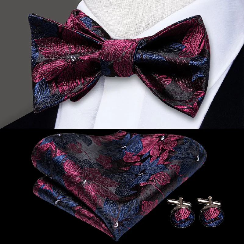 Blue Red Floral Self-tied Silk Bow Tie Pocket Square Cufflinks Set