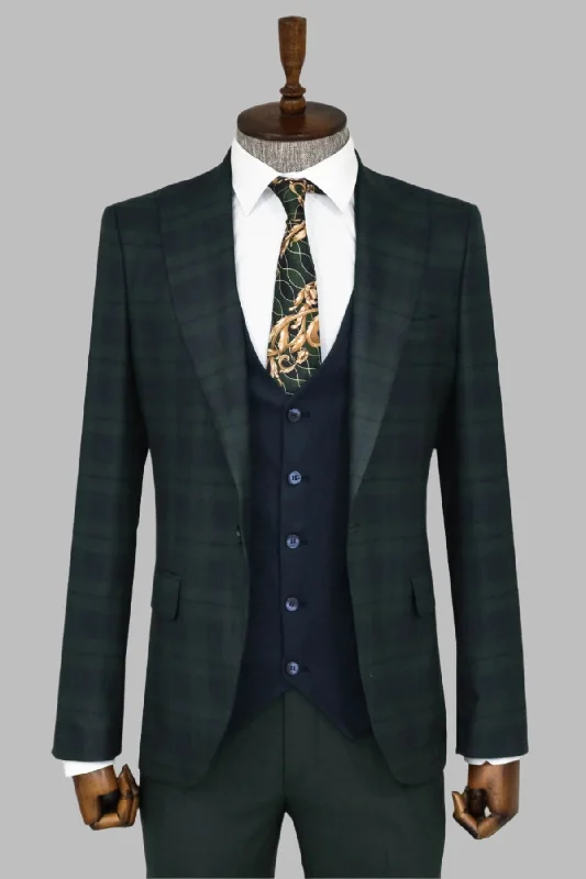 Slim Fit Checked Green Men Suit - Wessi