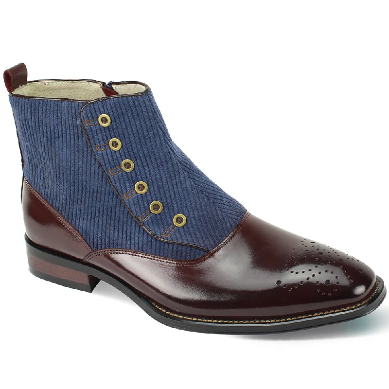 Spatcraft Elegance: Burgundy & Navy Plain Toe Spat Boot with Inside Zipper