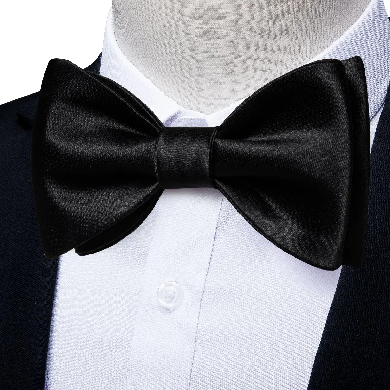 Pure Black Solid Self-tied Silk Bow Tie Pocket Square Cufflinks Set