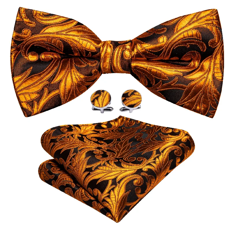 Barry Wang Brown Orange Floral Pre-tied Bow Tie Hanky Cufflinks Set