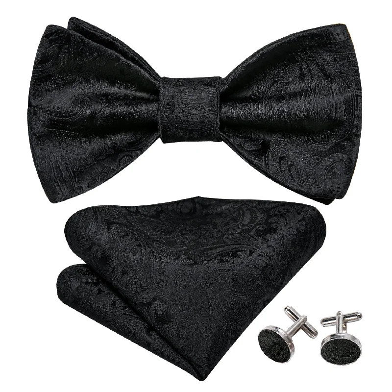 Barry Wang Mens Black Paisley Self-Tied Bow Tie Hanky Cufflinks Set