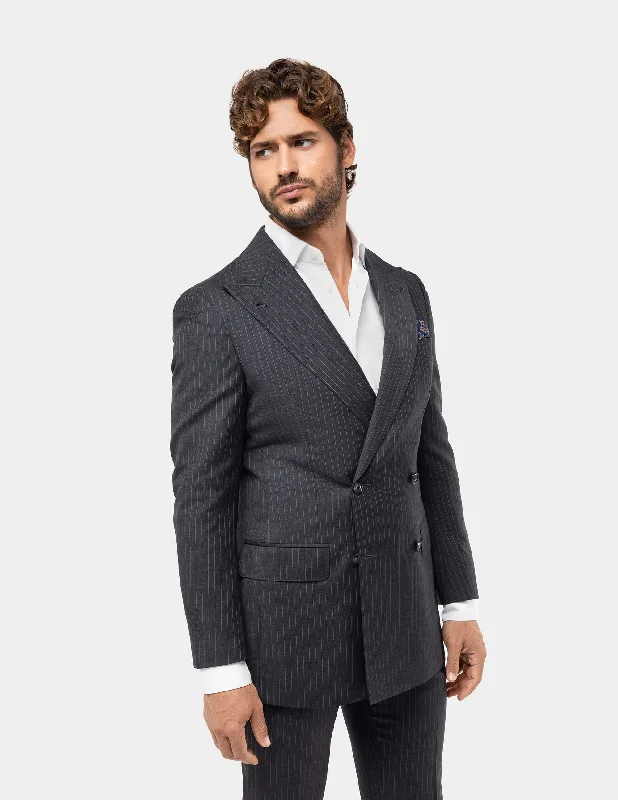 Grey White Stripes Wool Double Breasted Suit