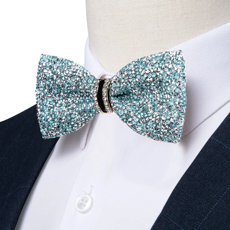 Ties2you Imitated Crystal Bowtie Sky Blue Silver Rhinestones Men's Pre Tied Bow Ties For Wedding Party