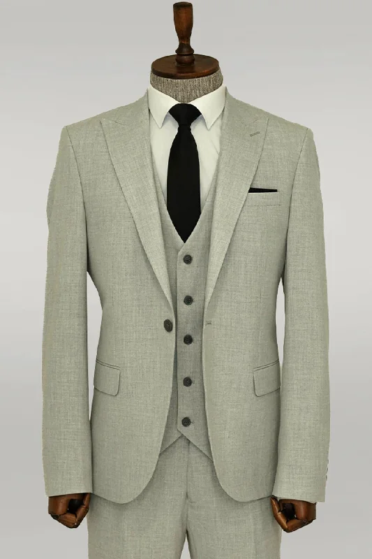 Three Piece Slim Fit Single Button Grey Men Suit