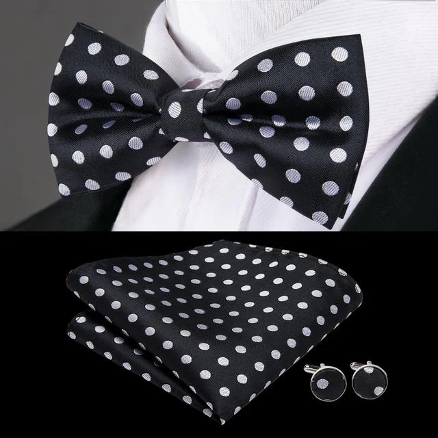 Classic Black White Polka Dot Pre-tied Bow Tie Hanky Cufflinks Set