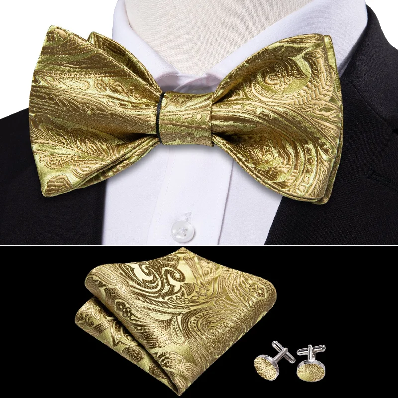 Golden Yellow Paisley Self-tied Silk Bow Tie Pocket Square Cufflinks Set