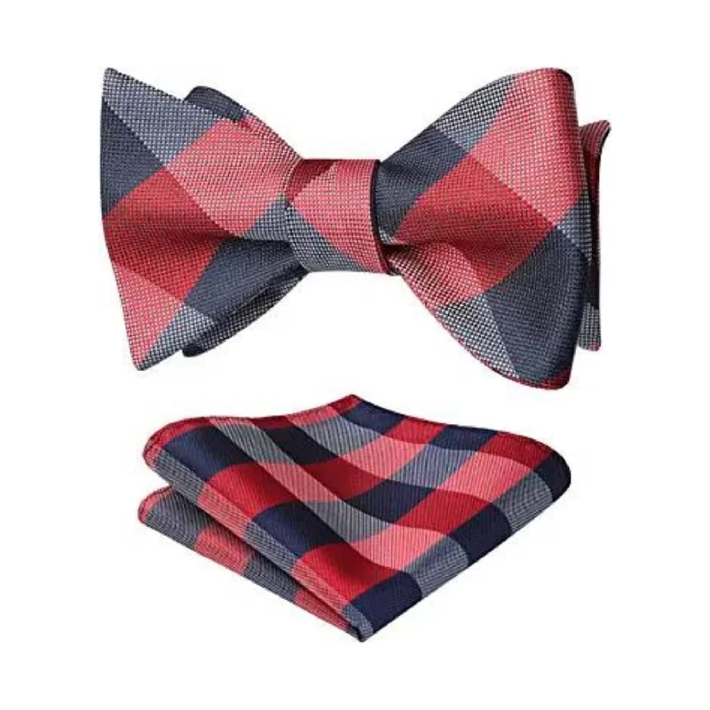 Plaid Bow Tie & Pocket Square Sets - E-NAVY BLUE/RED