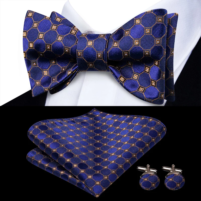 Ties2you Blue Bow Tie Gold Plaid Silk Mens Dress Self-Bow Ties Handkerchief Cufflinks Set