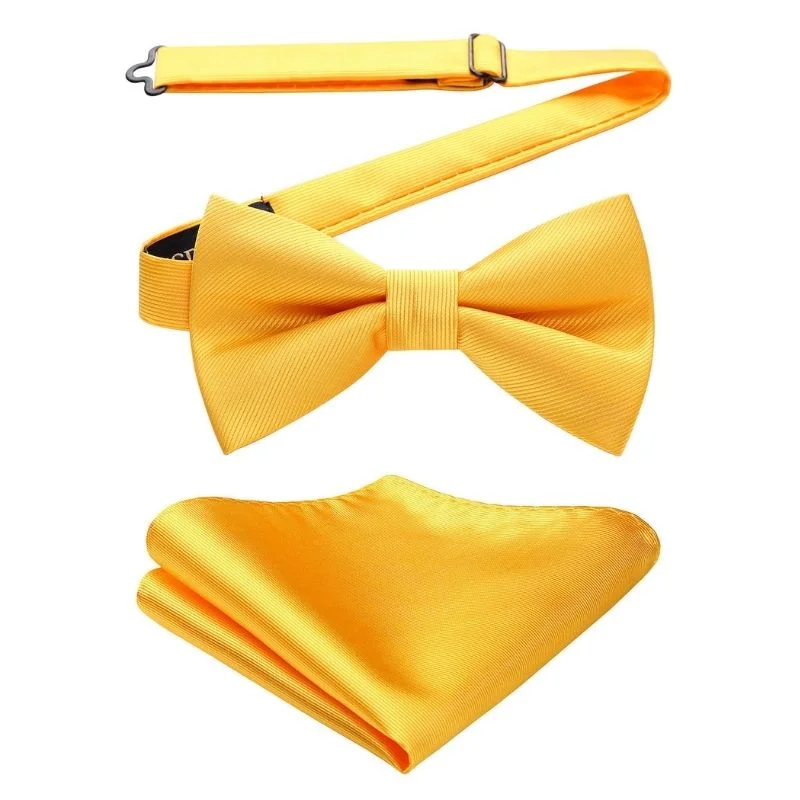 Solid Pre-Tied Bow Tie & Pocket Square - Y-BRIGHT YELLOW