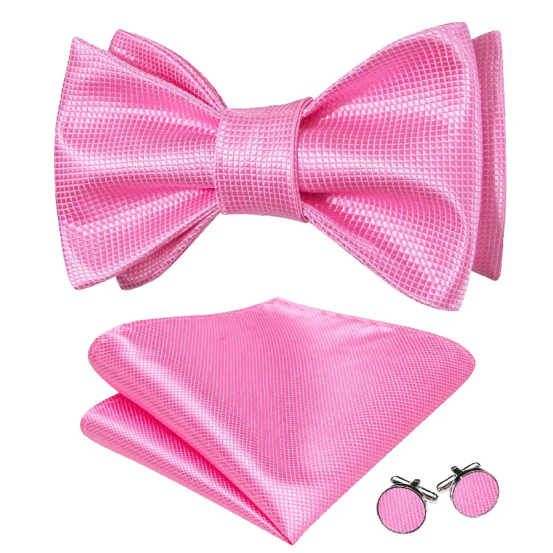 Barry Wang Self-Tied Bowtie Pink Plaid Men's Tie Hanky Cufflinks Set