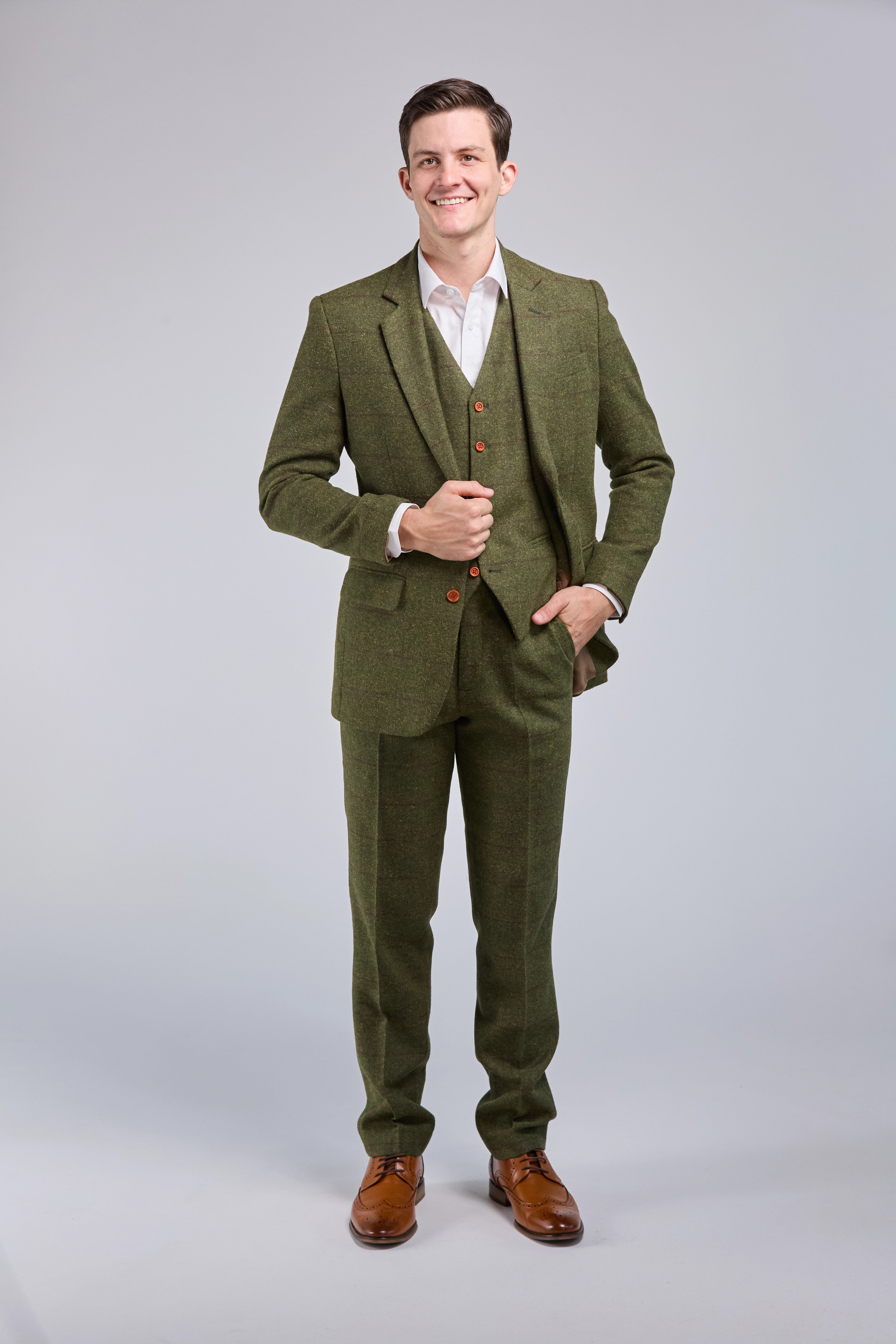 Olive Green Check Tweed 3 Piece Suit