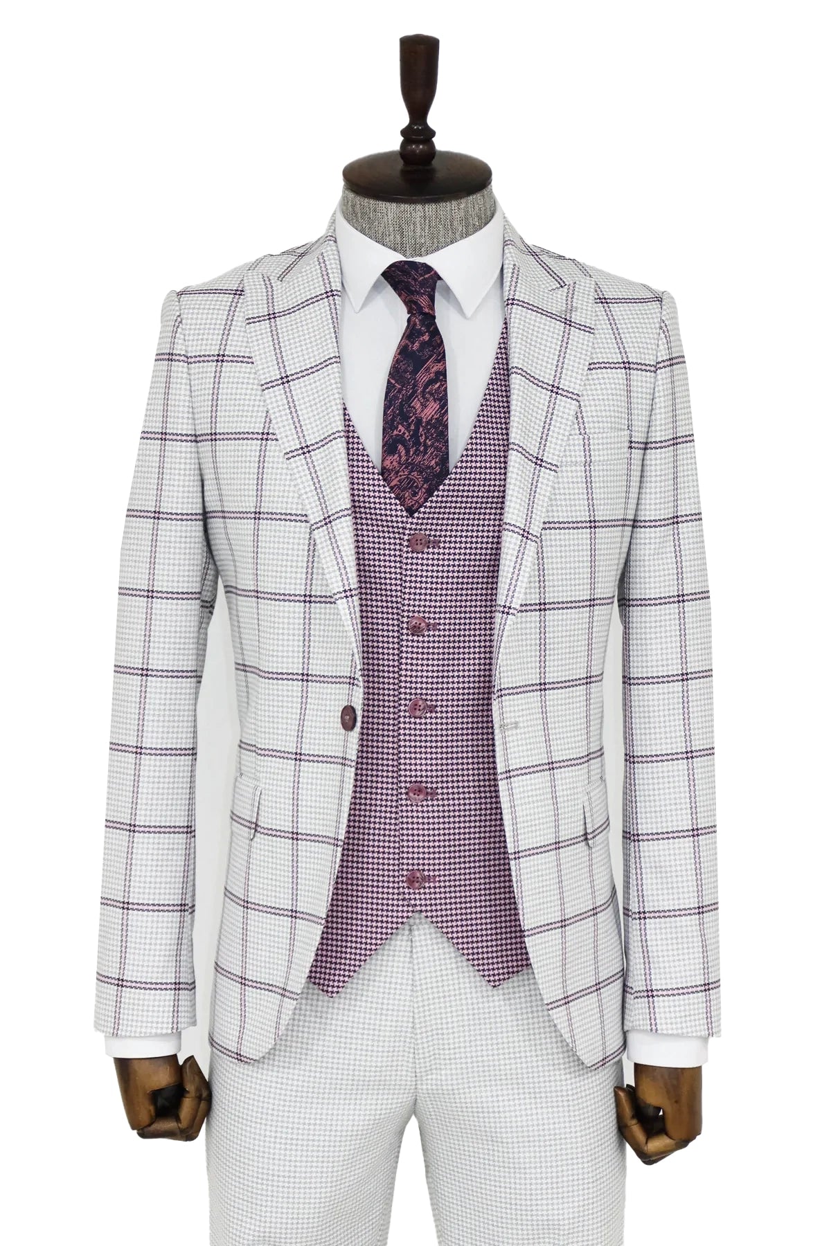 Checked Patterned Vested Light Grey Men Suit and Shirt Combination - Wessi