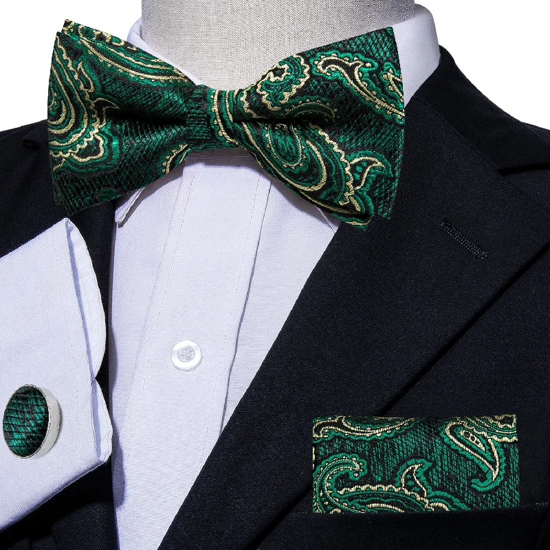 Dark Green Beige Floral Pre-tied Bow Tie Hanky Cufflinks Set