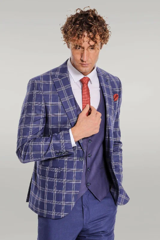 Slim Fit Vested Peak Lapel Checked Navy Blue Men Combination Suit