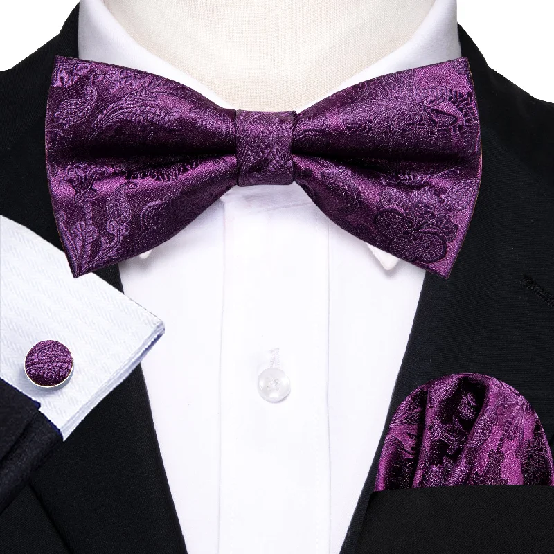 Purple Paisley Pre-tied Bow Tie Hanky Cufflinks Set