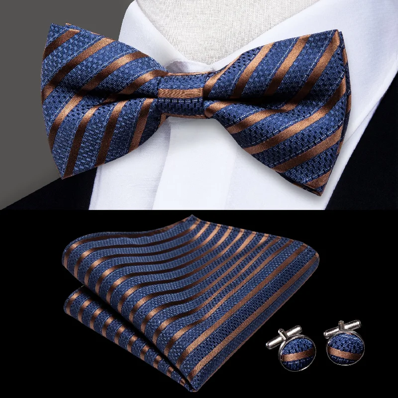 Blue Brown Striped Men's Pre-tied Bowtie Pocket Square Cufflinks Set