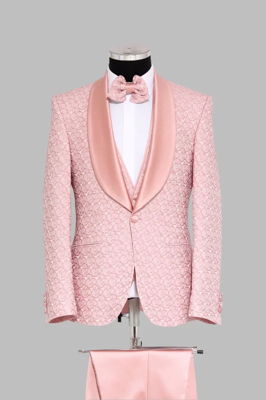 3-Piece Textured Satin Lapel Pink Men's Tuxedo with Bow Tie - Wessi