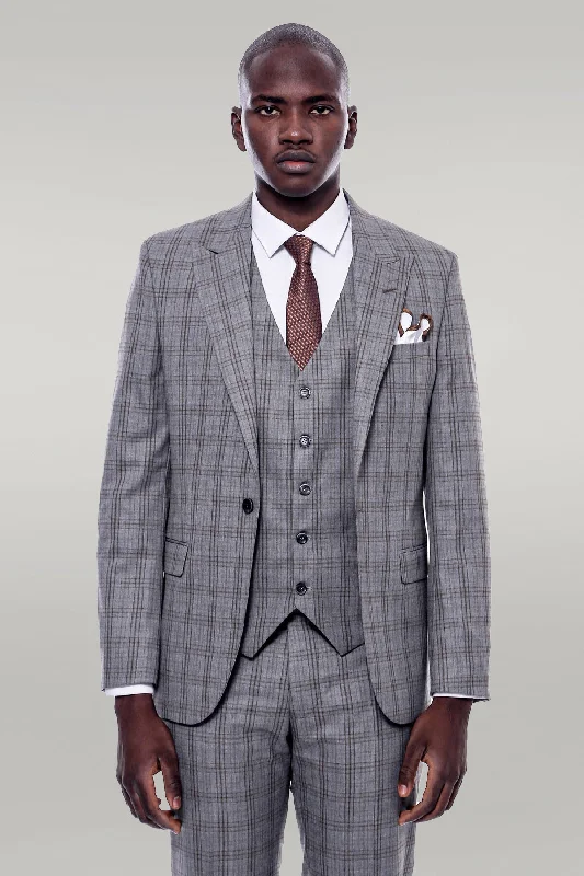 Checked Slim Fit Grey Men Suit - Wessi