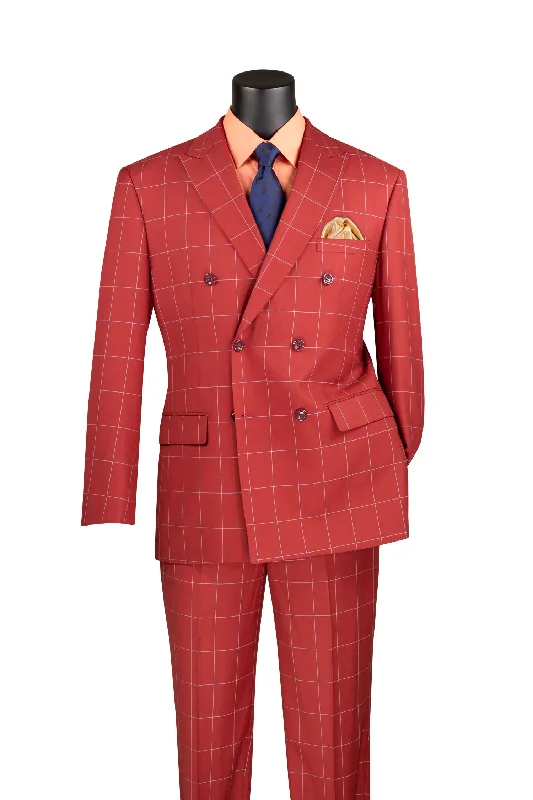 Naples Collection - Baked Apple Modern Fit Double Breasted Windowpane Peak Lapel 2 Piece Suit