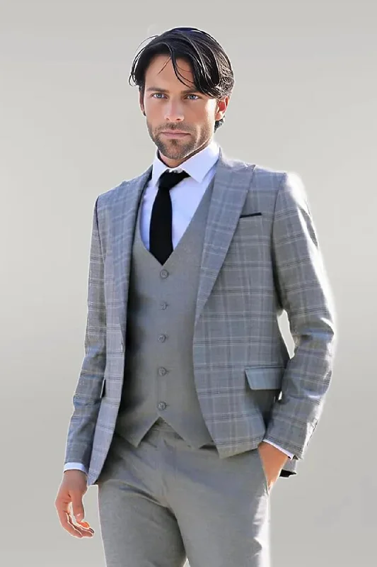 Checked Slim Fit Light Grey Men Suit - Wessi