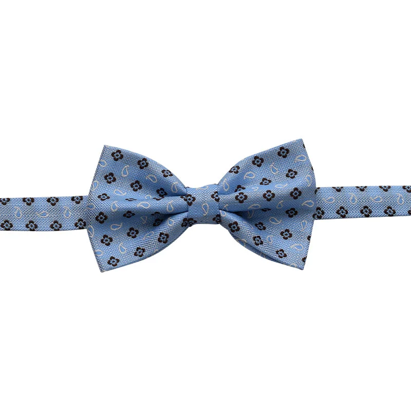 Light blue bow tie with white paisley and brown flowers