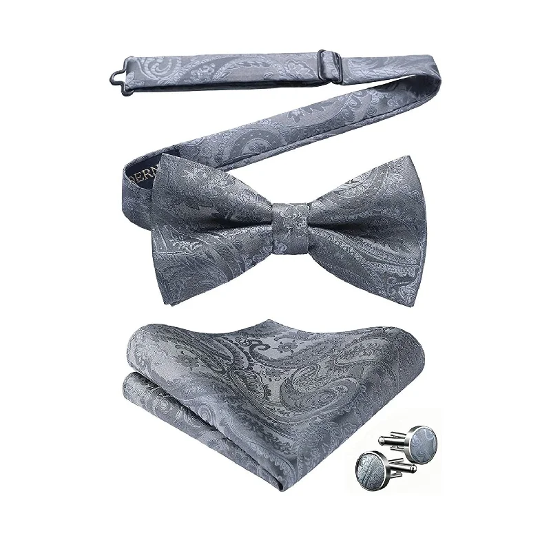 Paisley Pre-Tied Bow Tie Pocket Square Cufflinks - WHITE- GREY 2