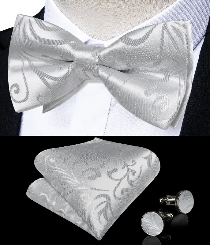 Ties2you Men's Bow Tie Silver Grey Floral Silk Pre-Bow Tie Set