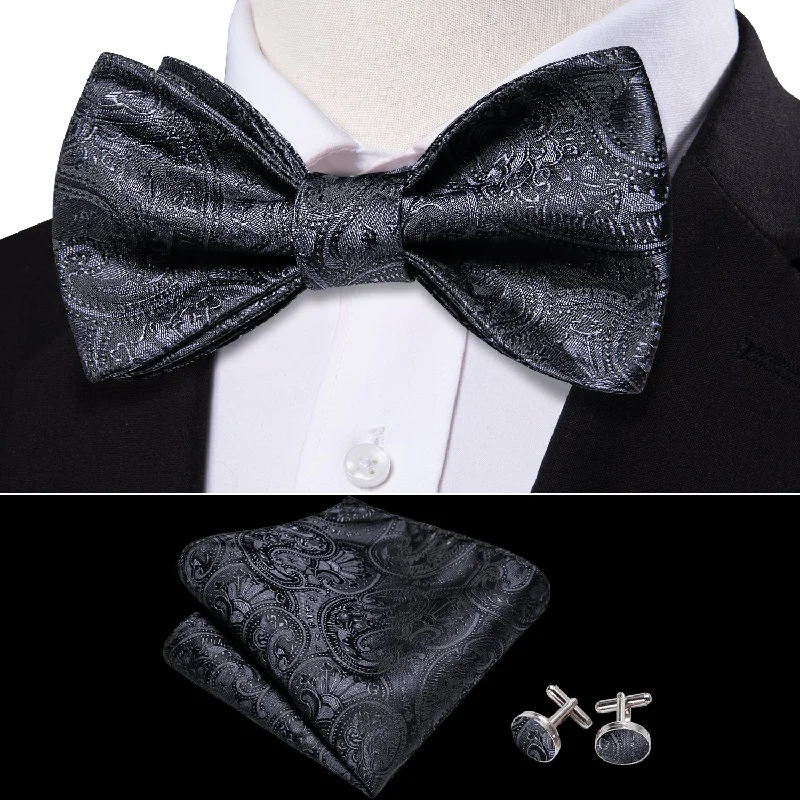 Barry Wang Neck Tie Black Paisley Pre-tied Bow Tie Hanky Cufflinks Set