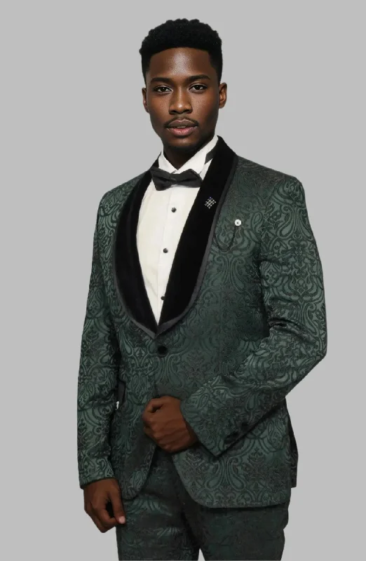 2 Piece Damask Patterned Velvet Shawl Collar Emerald Green Men's Tuxedo Suit - Wessi