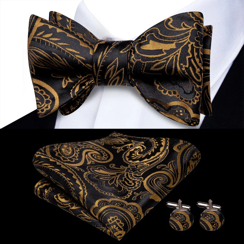 Ties2you Black Bow Tie Gold Paisley Silk Mens Dress Self-Bow Ties Handkerchief Cufflinks Set