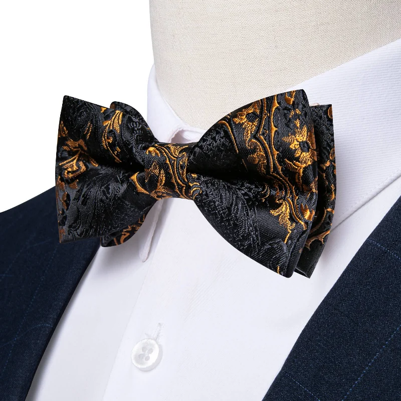 Ties2you Kids Bow Tie Black Gold Floral Silk Bow Tie Handkerchief Set