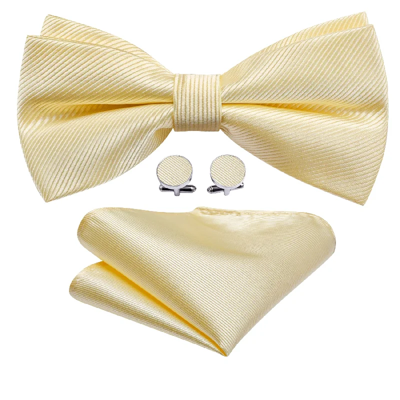 Lemon Chiffon Solid Pre-tied Bow Tie Hanky Cufflinks Set